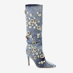 Tuhoomall Knee High Boots, Comfortable Ruched Design with Buttons, Fashionable Vintage Look for Casual Outings, 9.5 cm High Heel