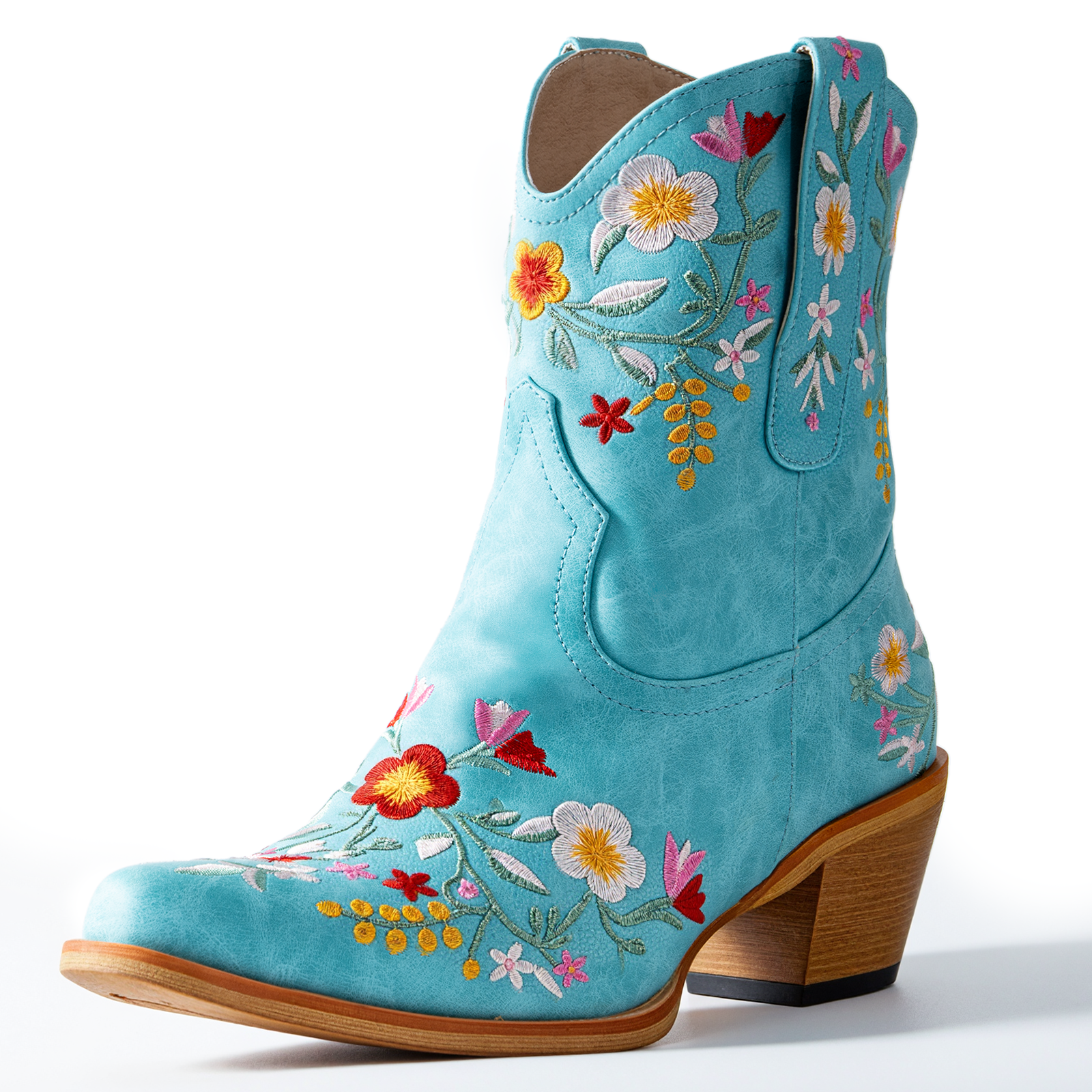Tuhoomall Stylish Western Ankle Boots with Floral Embroidery, Rubber Sole, Chunky 5cm Heel for Classic and Casual Looks