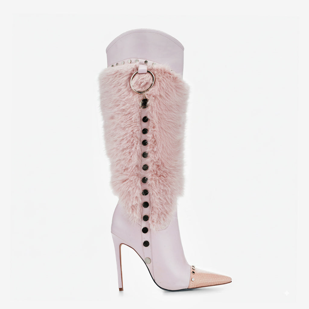 Tuhoomall Heel Fashion Boots for Women, Elegant Pointed Toe High Heels with Studs and Faux Fur, Ideal for Parties and Performances