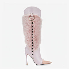 Tuhoomall Heel Fashion Boots for Women, Elegant Pointed Toe High Heels with Studs and Faux Fur, Ideal for Parties and Performances