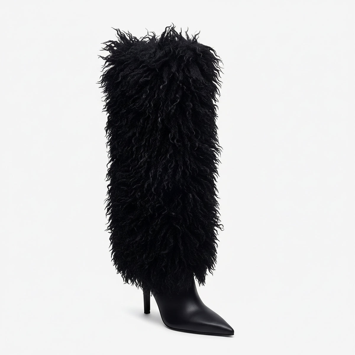 Tuhoomall Knee High Chunky Heeled Boots, Animal Cruelty Free, Elegant Party and Runway Style, Solid Faux Fur Design