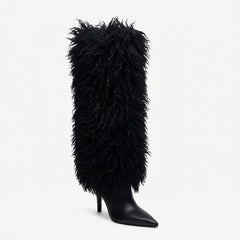 Tuhoomall Knee High Chunky Heeled Boots, Animal Cruelty Free, Elegant Party and Runway Style, Solid Faux Fur Design