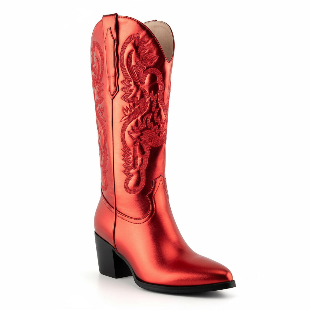 Tuhoomall Western Style Embroidered Mid Calf Boots for Women, Pointed Toe, Chunky Low Heel, Fashionable All-Season Footwear, Perfect for Parties