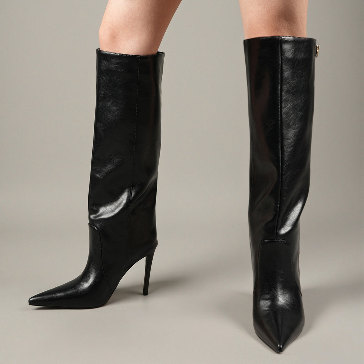 Tuhoomall Knee-High Stiletto Boots for Women - Comfortable PU Leather, Stylish Pointed Toe, Chic Metallic Accents