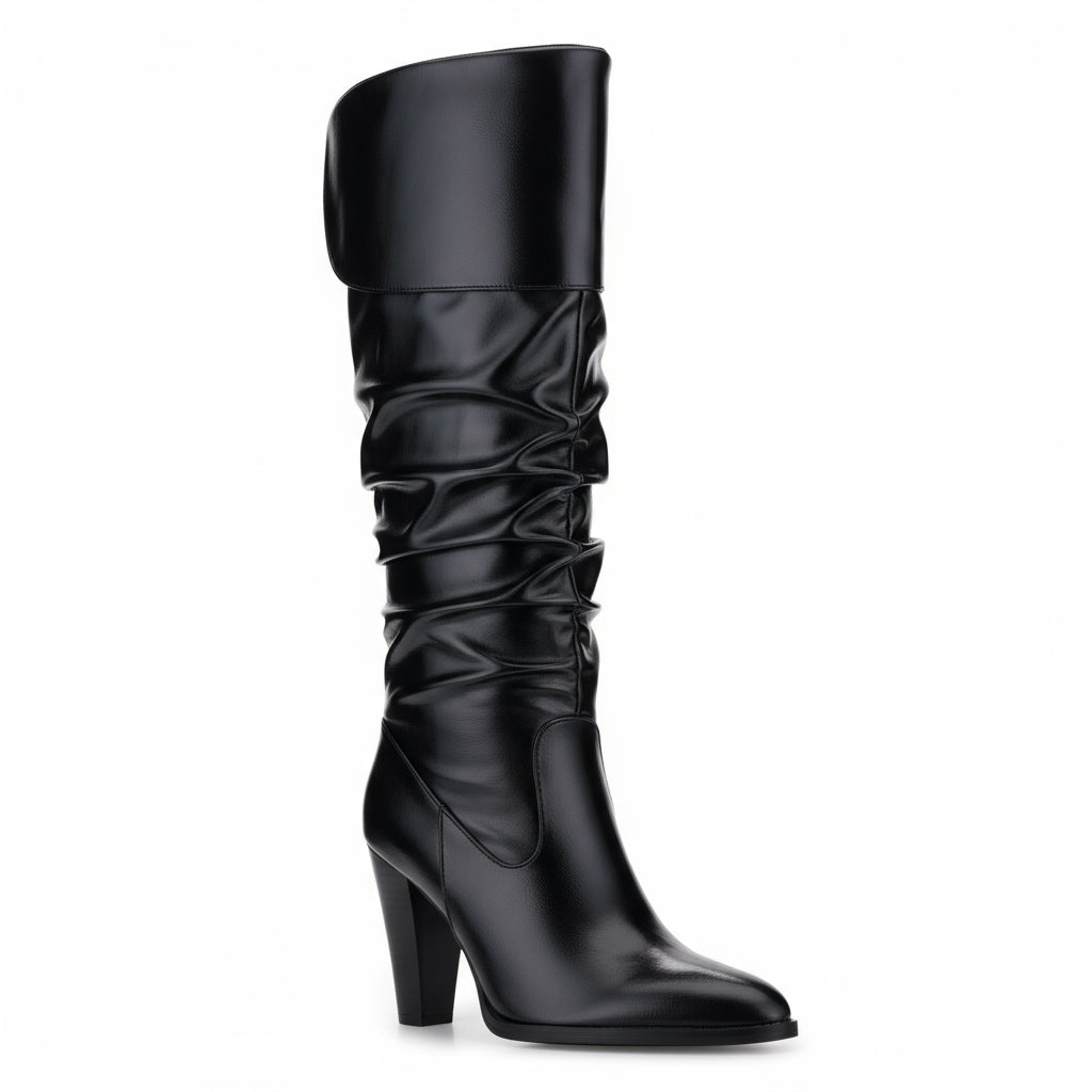 Tuhoomall Fashion Knee-High Boots for Women, Stylish Ruffled Design, 9cm Chunky Heel, Ideal for Casual Work and All Seasons
