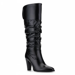 Tuhoomall Fashion Knee-High Boots for Women, Stylish Ruffled Design, 9cm Chunky Heel, Ideal for Casual Work and All Seasons