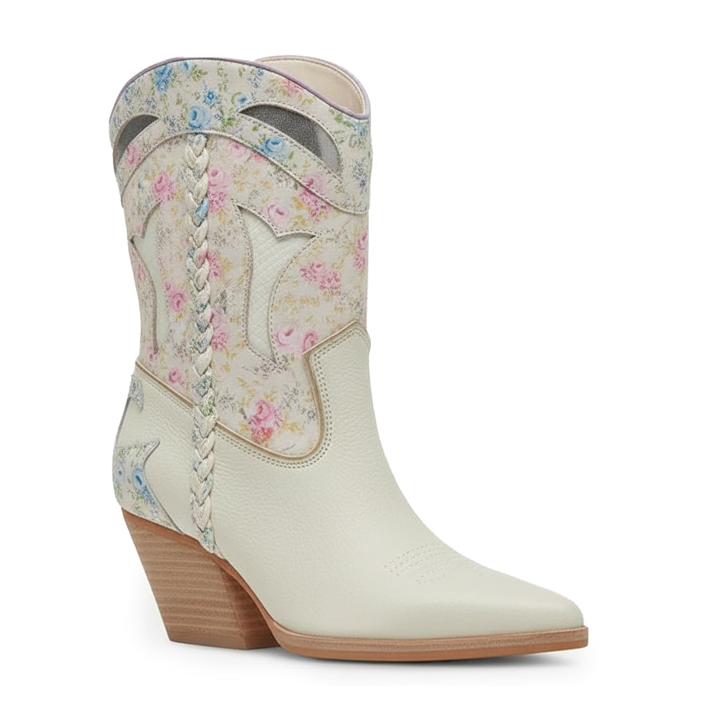 Tuhoomall Floral Ankle Cowboy Boots for Women, Low Chunky Heel 2.75 in, Elegant Vegan Leather, Perfect for Casual and Formal Occasions