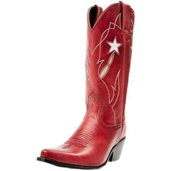 Tuhoomall Western Mid Calf Boots For Women, Snip Toe, Chunky Heel, Embroidered Star Pattern, Slip-On Design, Casual Retro Style