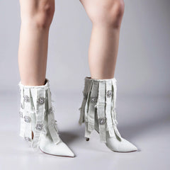 Tuhoomall High-Top Women's Short Boots with Rhinestones and Tassels, Stylish Casual Ankle Booties for Parties and Performances, 10cm Stiletto Heels