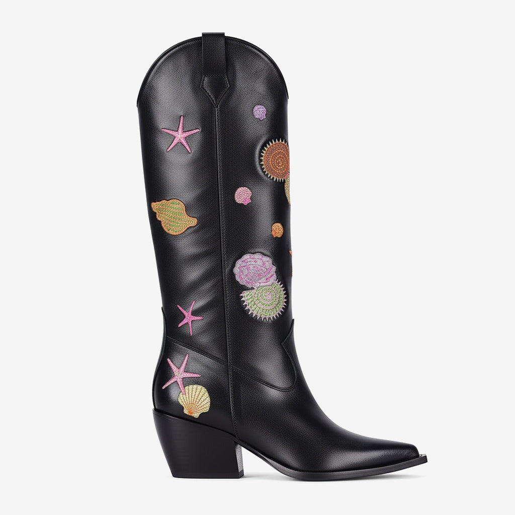 Tuhoomall Western Style Knee High Boots for Parties and Performances with Comfort and Embroidered Animal Patterns