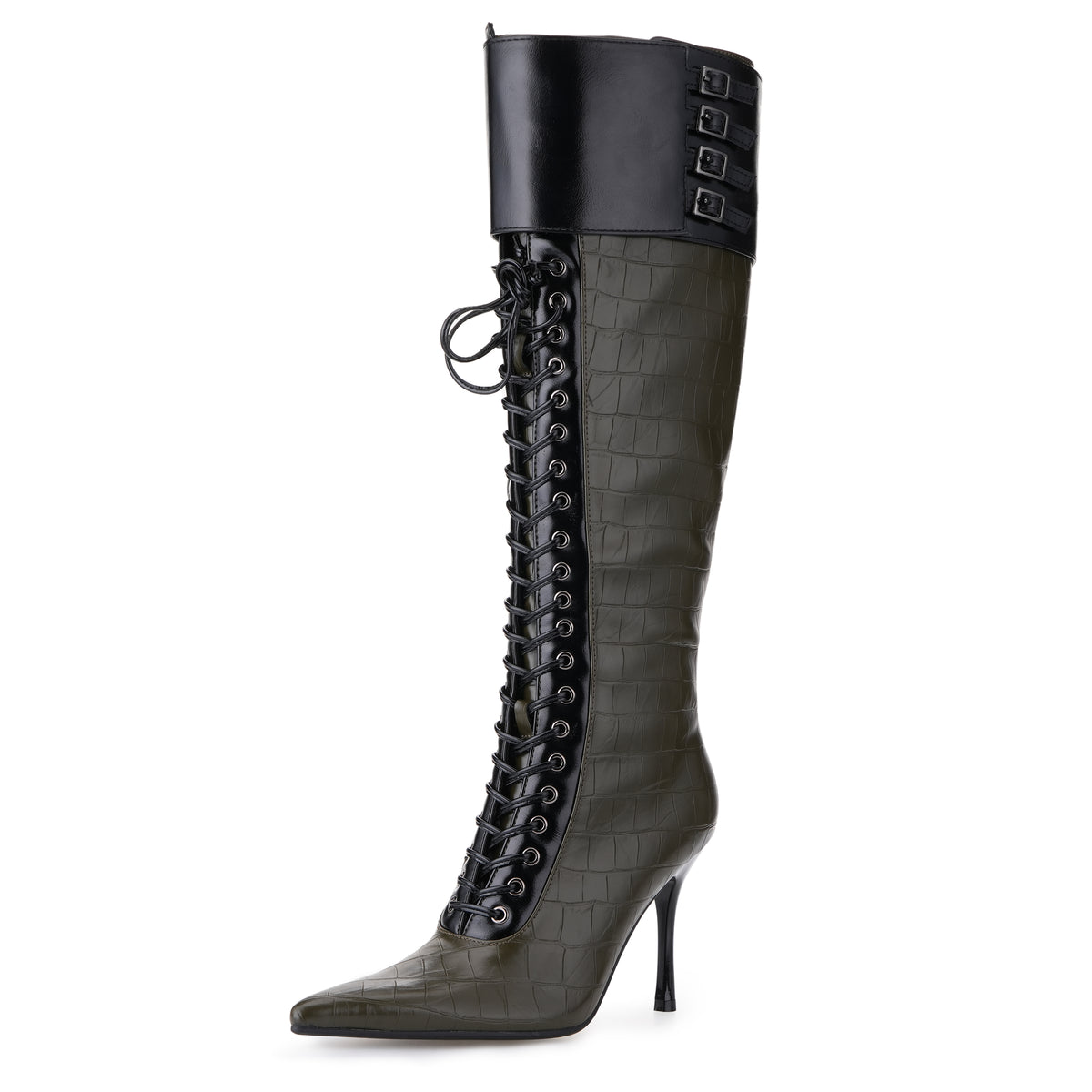 Tuhoomall Knee-High Pointed Toe Women's Fashion Boots with Cross Straps and Metal Accents for Parties and Performances, Stylish and Functional