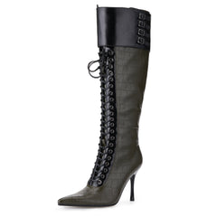 Tuhoomall Knee-High Pointed Toe Women's Fashion Boots with Cross Straps and Metal Accents for Parties and Performances, Stylish and Functional