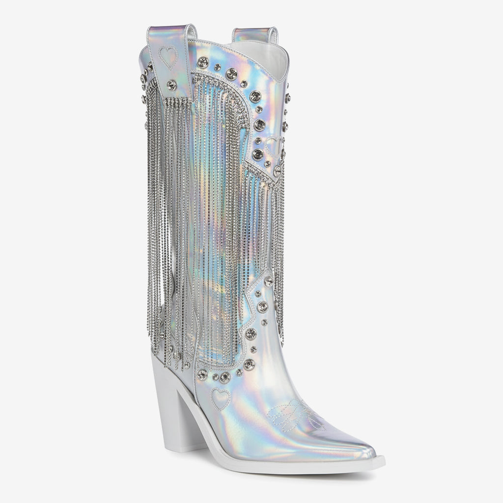 Tuhoomall Chunky Heel Western Rhinestone Booties with Fringes for Fashion Events, Pointed Toe, Slip-On Style, All-Day Comfort, Eye-Catching Design