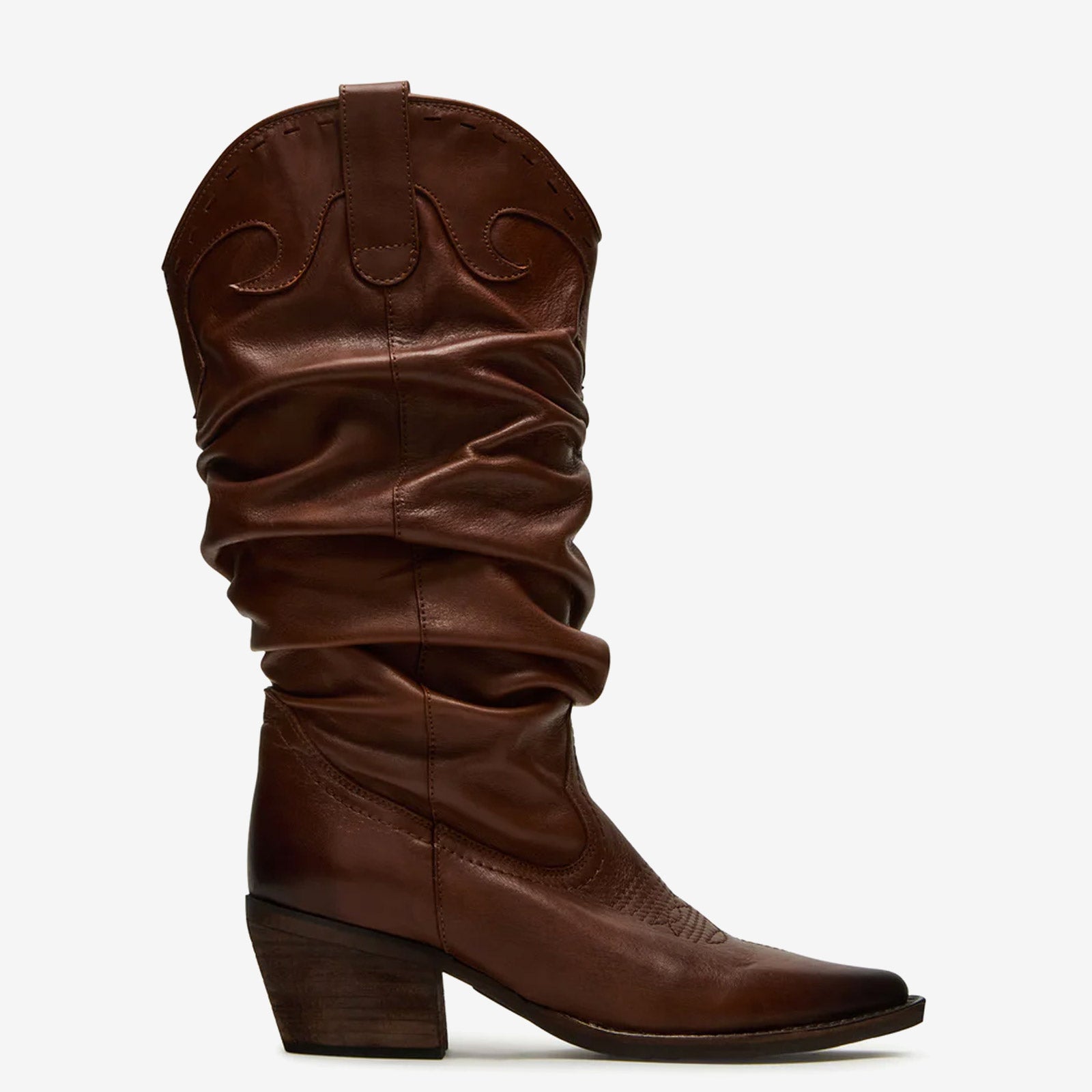 Tuhoomall Western Cowboy Boots For Women, Stylish Wrinkled Mid-Calf Design, Comfortable Slip-On Style, Embroidered Detailing