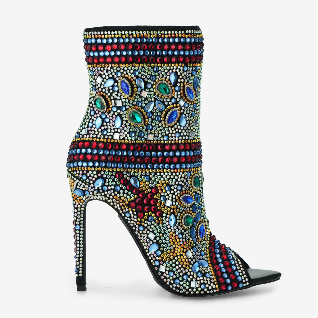 Tuhoomall Stylish Women’s Ankle Boots with Rhinestones, Peep Toe, High Heel for Parties,Trendy and Elegant