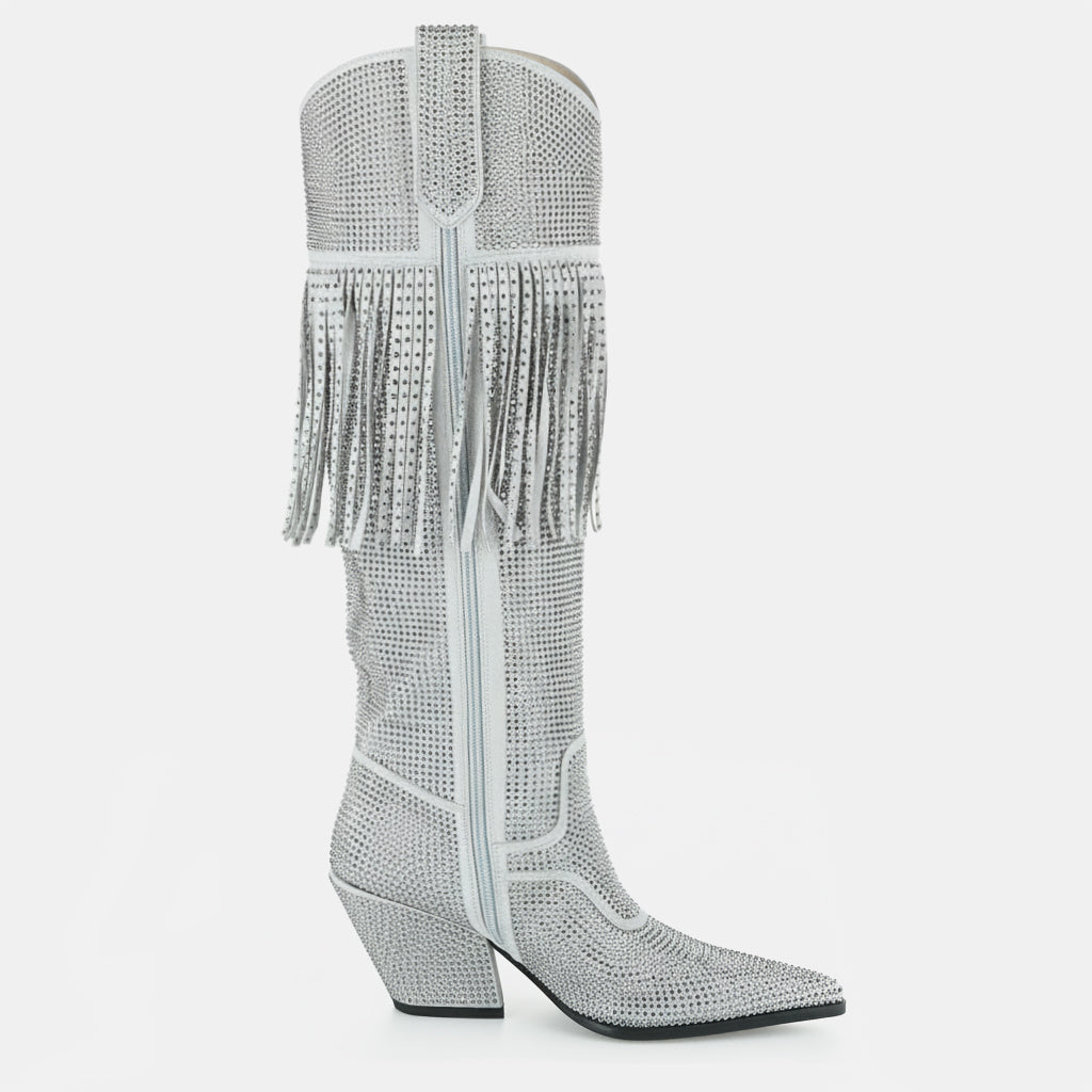 Tuhoomall Knee High Suede Boots For Women With Chunky Heel, Pointed Toe, Tassel And Rhinestones, Perfect For Fashion, Casual And Outdoor Wear