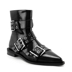 Tuhoomall Ankle Boots For Women, Casual Short Boots, Pointed Toe Chunky Heel, Zipper Closure With Hardware Buckle, PU Patent Leather, Rubber Sole, Ideal For Spring, Autumn, Winter