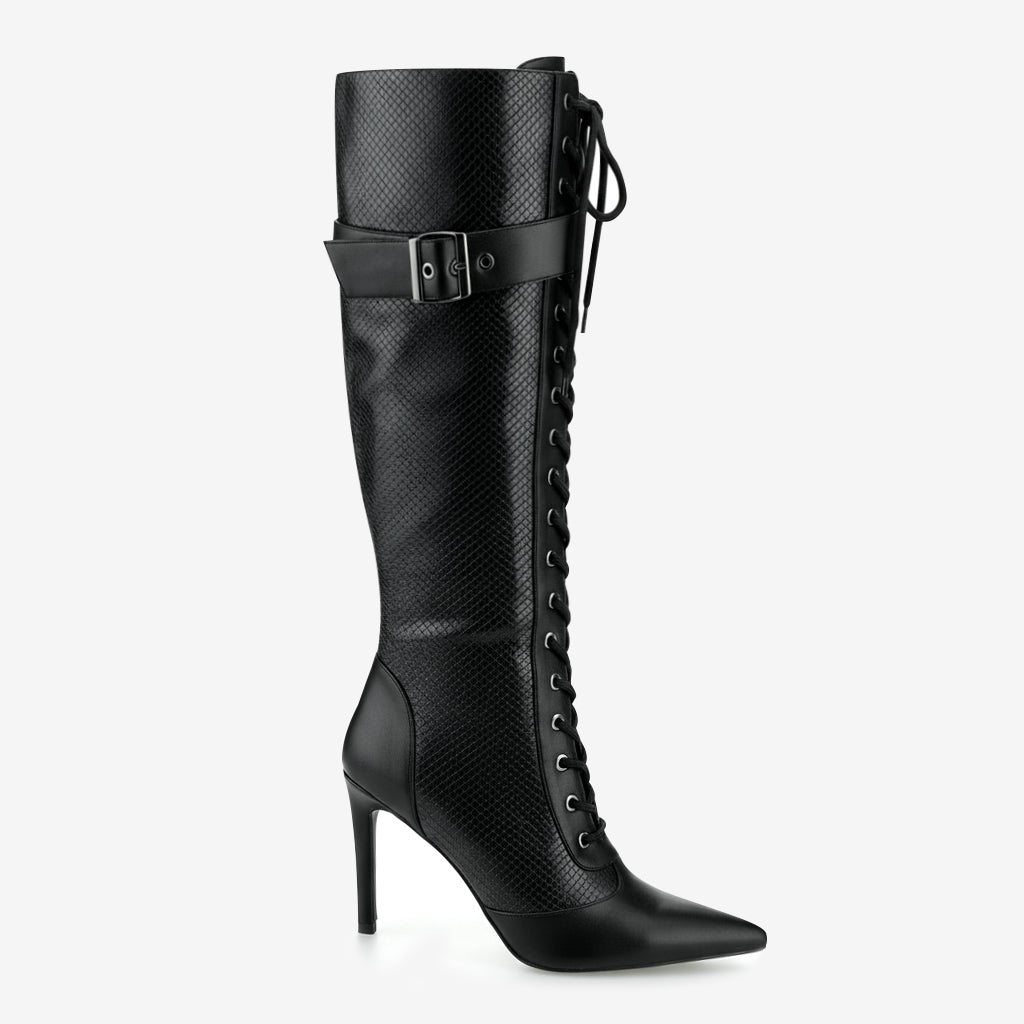 Tuhoomall Fashion Knee-High Boots For Parties, Stylish Pointed Toe With Adjustable Buckle And 9cm Stiletto Heels, Comfortable PU Material, Perfect For All Seasons