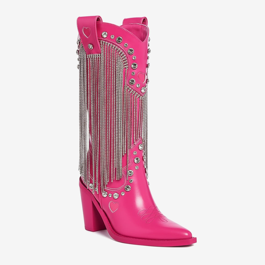 Tuhoomall Chunky Heel Western Rhinestone Booties with Fringes for Fashion Events, Pointed Toe, Slip-On Style, All-Day Comfort, Eye-Catching Design