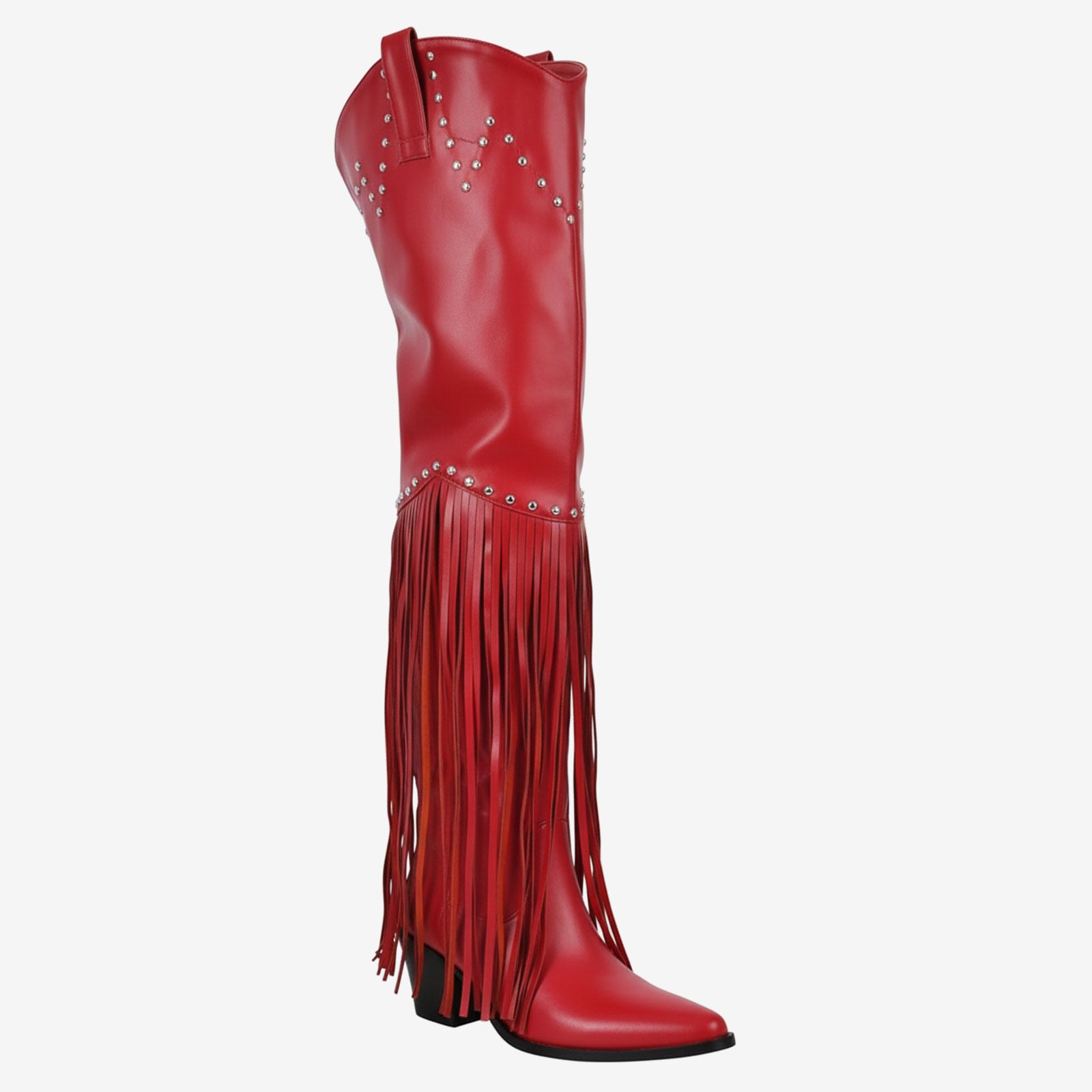 Tuhoomall Over-The-Knee High Heel Boots With Fringes And Studs For Party And Fashion Events