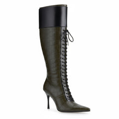 Tuhoomall Knee-High Pointed Toe Women's Fashion Boots with Cross Straps and Metal Accents for Parties and Performances, Stylish and Functional