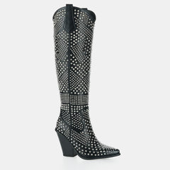 Tuhoomall Knee High Western Boots For Women, Western Style, Pointed Toe, Chunky Heel, Zipper Closure Perfect For Spring, Autumn, Winter