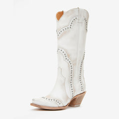 Tuhoomall Western Cowboy Boots for Women, Stitched Design, Fashion Casual Style, Chunky Heel, Mid-Calf Length, All-Season Wear