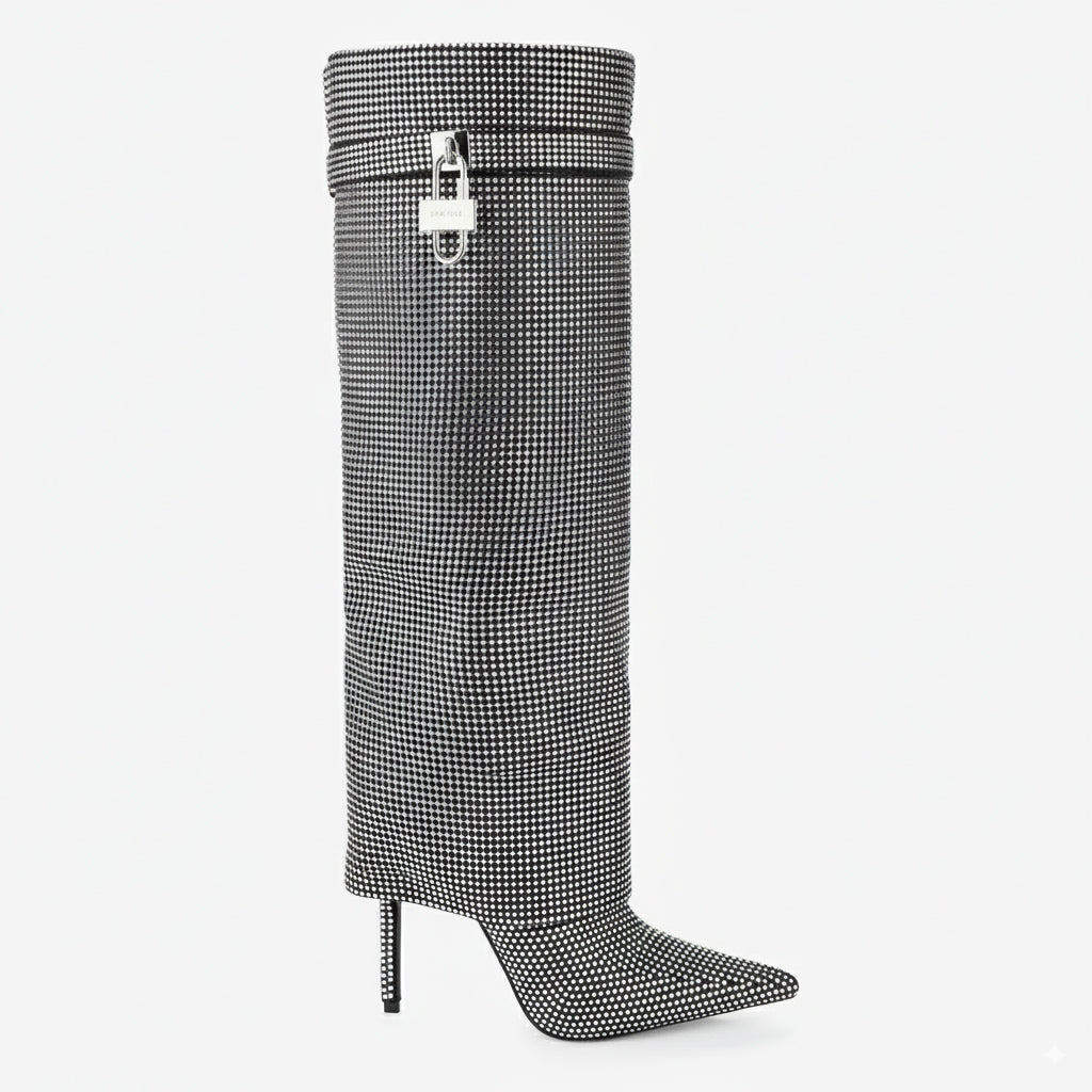 Tuhoomall Western Knee-High Cowboy Boots for Women, Stylish and Outdoor, Glittering Rhinestones and Metal Buckle, 12 cm Stiletto Heel