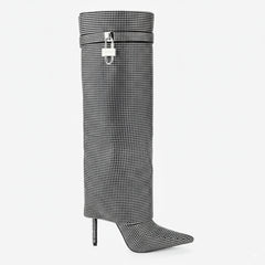 Tuhoomall Western Knee-High Cowboy Boots for Women, Stylish and Outdoor, Glittering Rhinestones and Metal Buckle, 12 cm Stiletto Heel
