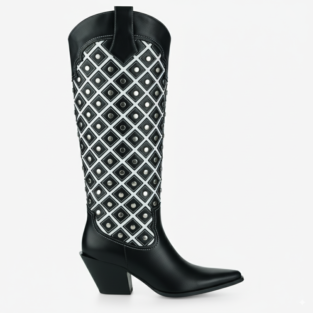 Tuhoomall Western Cowboy Knee High Boots for Fashion, Outdoor, and Casual Wear, Featuring Chic Geometric Patterns and Chunky Heel Design