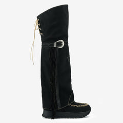 Tuhoomall Waterproof Over-The-Knee Flat Boots, Comfortable Thick Sole with Tassels, Stylish Bohemian Design for Casual Parties