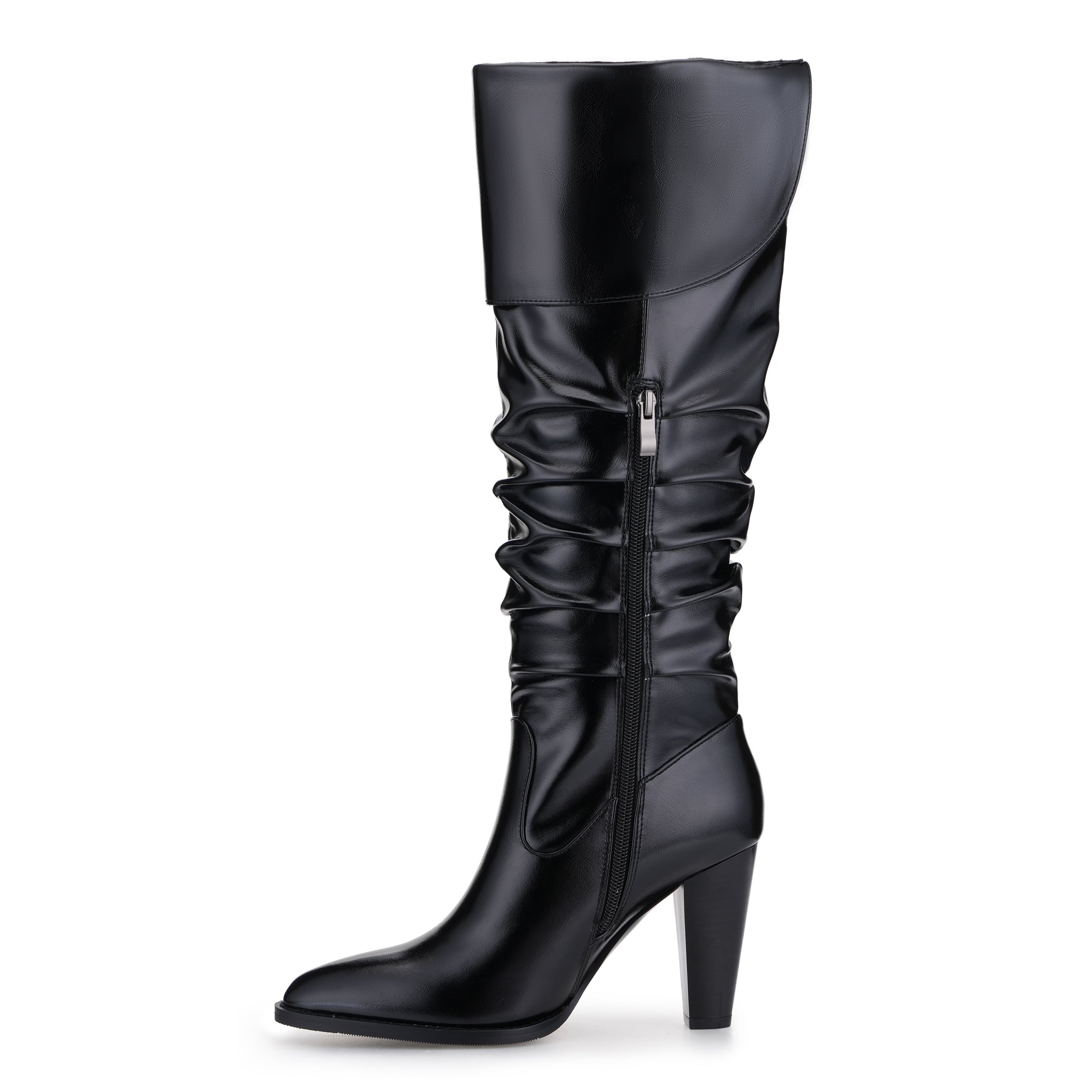Tuhoomall Fashion Knee-High Boots for Women, Stylish Ruffled Design, 9cm Chunky Heel, Ideal for Casual Work and All Seasons
