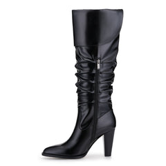 Tuhoomall Fashion Knee-High Boots for Women, Stylish Ruffled Design, 9cm Chunky Heel, Ideal for Casual Work and All Seasons