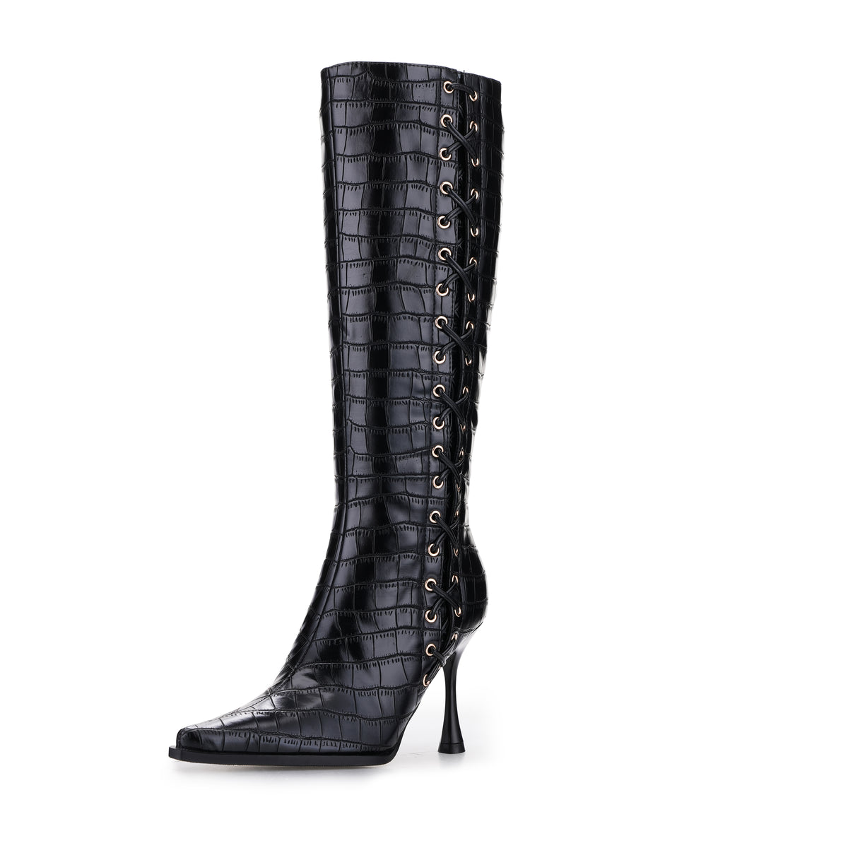Tuhoomall Fashion Knee-High Boots for Women, Chic Style with Zipper and Stone Pattern, 9cm Stiletto Heels for Everyday and Work Use