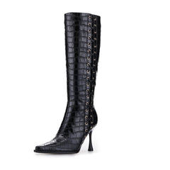 Tuhoomall Fashion Knee-High Boots for Women, Chic Style with Zipper and Stone Pattern, 9cm Stiletto Heels for Everyday and Work Use