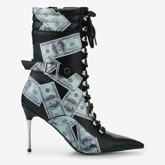 Tuhoomall Ankle Boots for Parties and Weddings, Trendy PU Leather with Studs, 9cm Slim High Heels, Lace-Up and Zipper Closure