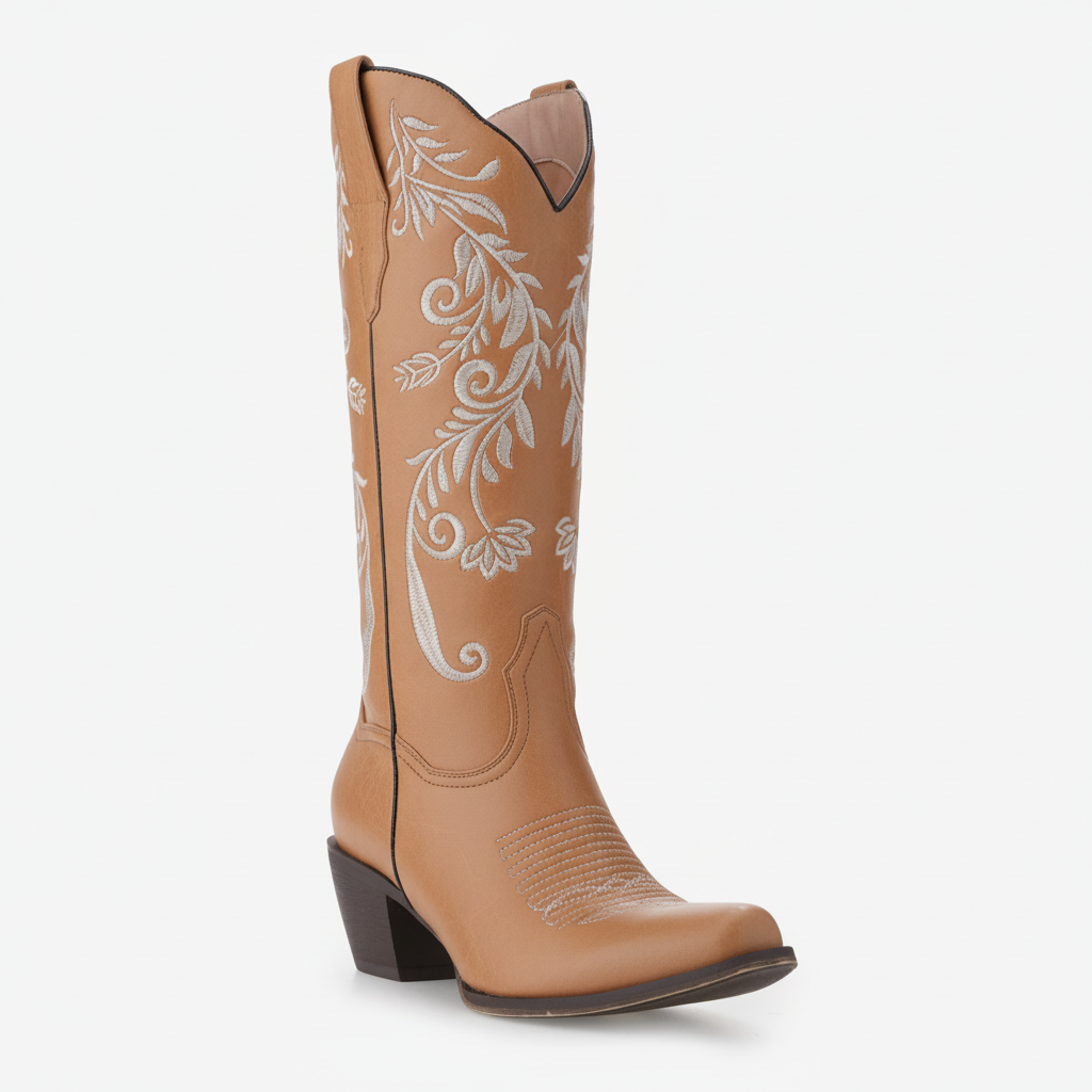 Tuhoomall Western Style Embroidered Mid-Calf Boots for All Seasons, Slip-On Low Chunky Heels with PU Material and Sniper Toe Design