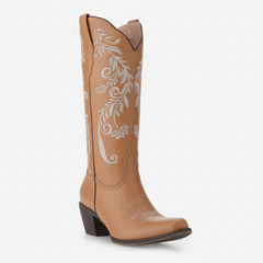 Tuhoomall Western Style Embroidered Mid-Calf Boots for All Seasons, Slip-On Low Chunky Heels with PU Material and Sniper Toe Design