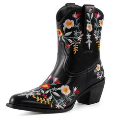 Tuhoomall Stylish Western Ankle Boots with Floral Embroidery, Rubber Sole, Chunky 5cm Heel for Classic and Casual Looks
