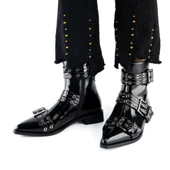 Tuhoomall Ankle Boots For Women, Casual Short Boots, Pointed Toe Chunky Heel, Zipper Closure With Hardware Buckle, PU Patent Leather, Rubber Sole, Ideal For Spring, Autumn, Winter
