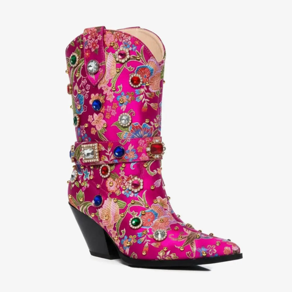 Tuhoomall Western Floral Embroidered Rhinestone Mid Calf Boots for Women, Chunky Heel, Water-Resistant Satin, Stylish for Spring Autumn Winter Tuhoomall
