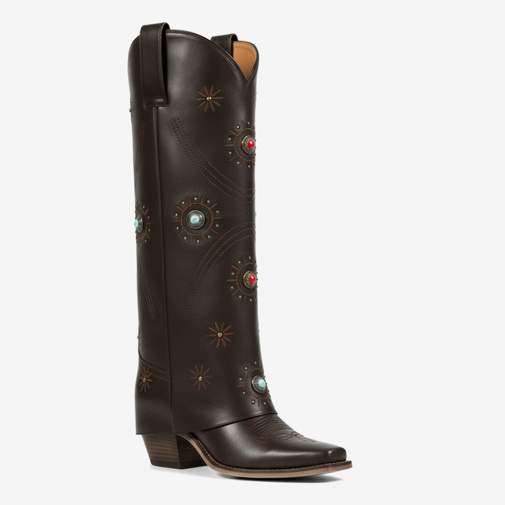 Tuhoomall Western Knee-High Boots With Studs And Embroidery, Casual Fashion For All Seasons, Foldable Design, Chunky Heel, Rubber Sole