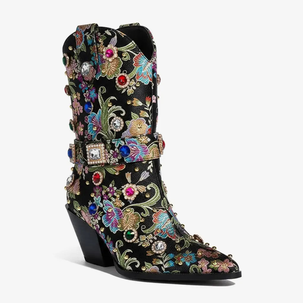 Tuhoomall Western Floral Embroidered Rhinestone Mid Calf Boots for Women, Chunky Heel, Water-Resistant Satin, Stylish for Spring Autumn Winter Tuhoomall