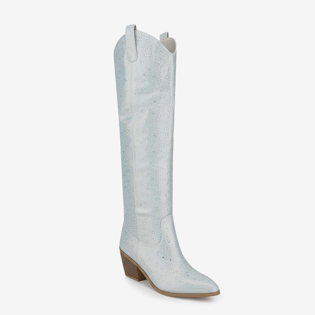 Tuhoomall Western Over-Knee Cowboy Boots With Chunky Heel, Rhinestone-Studded Vegan Leather, Casual All-Season Style, Round Toe, Zipper Closure