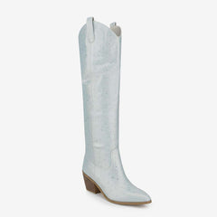 Tuhoomall Western Over-Knee Cowboy Boots With Chunky Heel, Rhinestone-Studded Vegan Leather, Casual All-Season Style, Round Toe, Zipper Closure