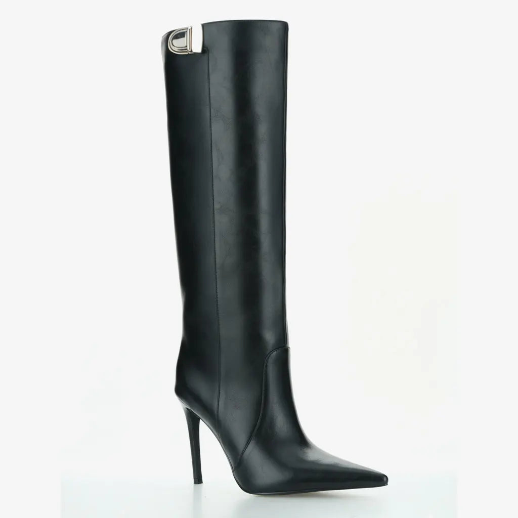 Tuhoomall Knee-High Stiletto Boots for Women - Comfortable PU Leather, Stylish Pointed Toe, Chic Metallic Accents Tuhoomall