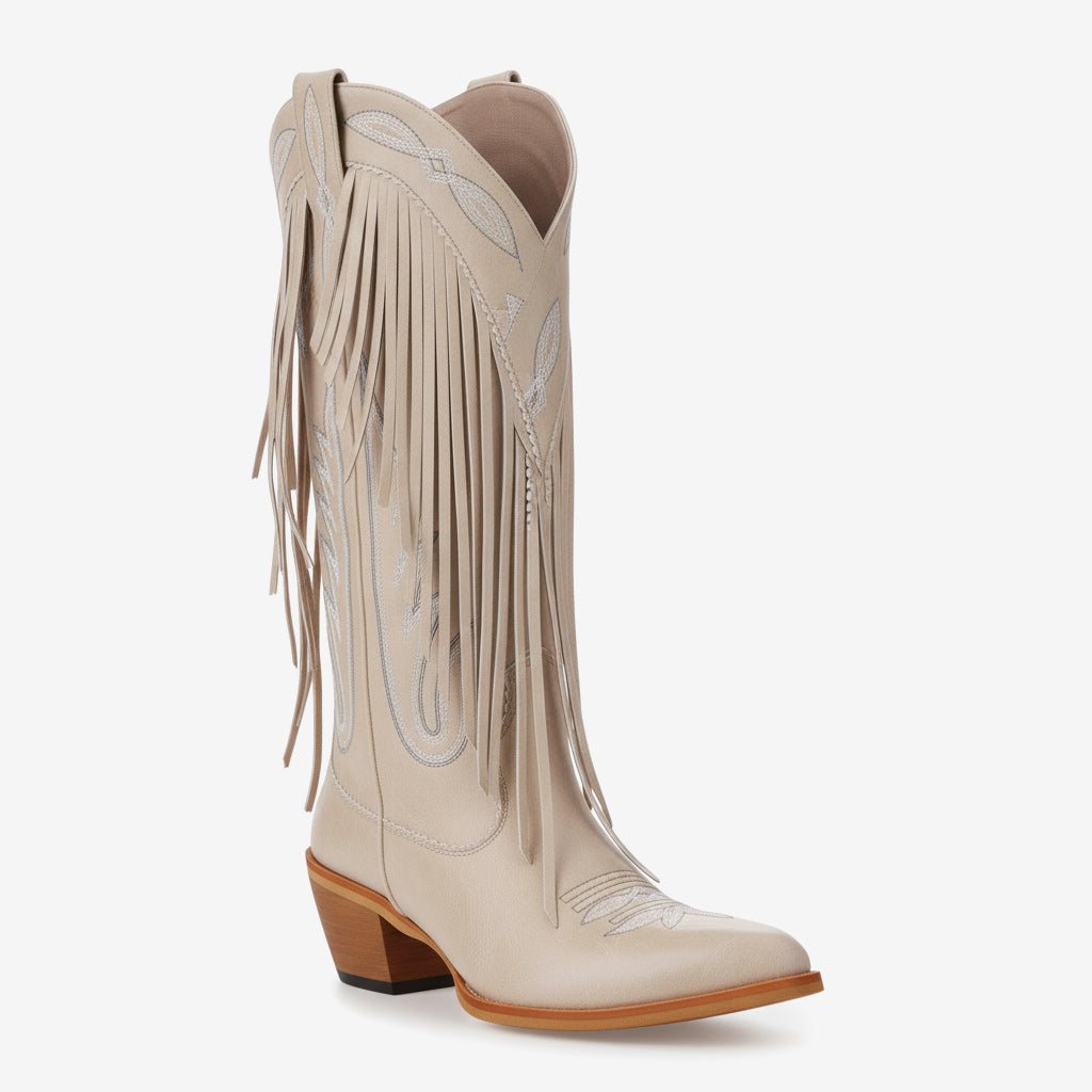 Tuhoomall Western Floral Cowboy Boots for Women - Comfortable Mid-Calf Slip-On Footwear with Fringe for Parties and Travel