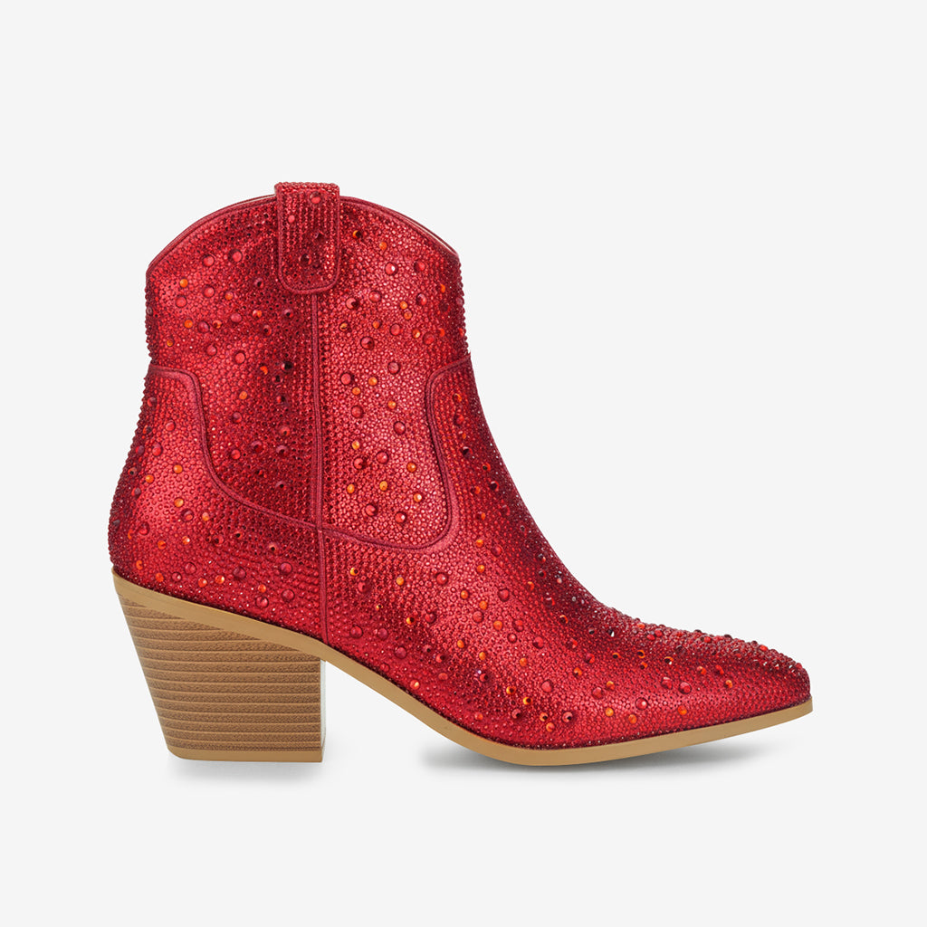 Tuhoomall Western LOW Heel Ankle Boots, Zipper Closure, Chic Rhinestone Detail, Solid Color, Perfect for Parties and All-Season Fashion