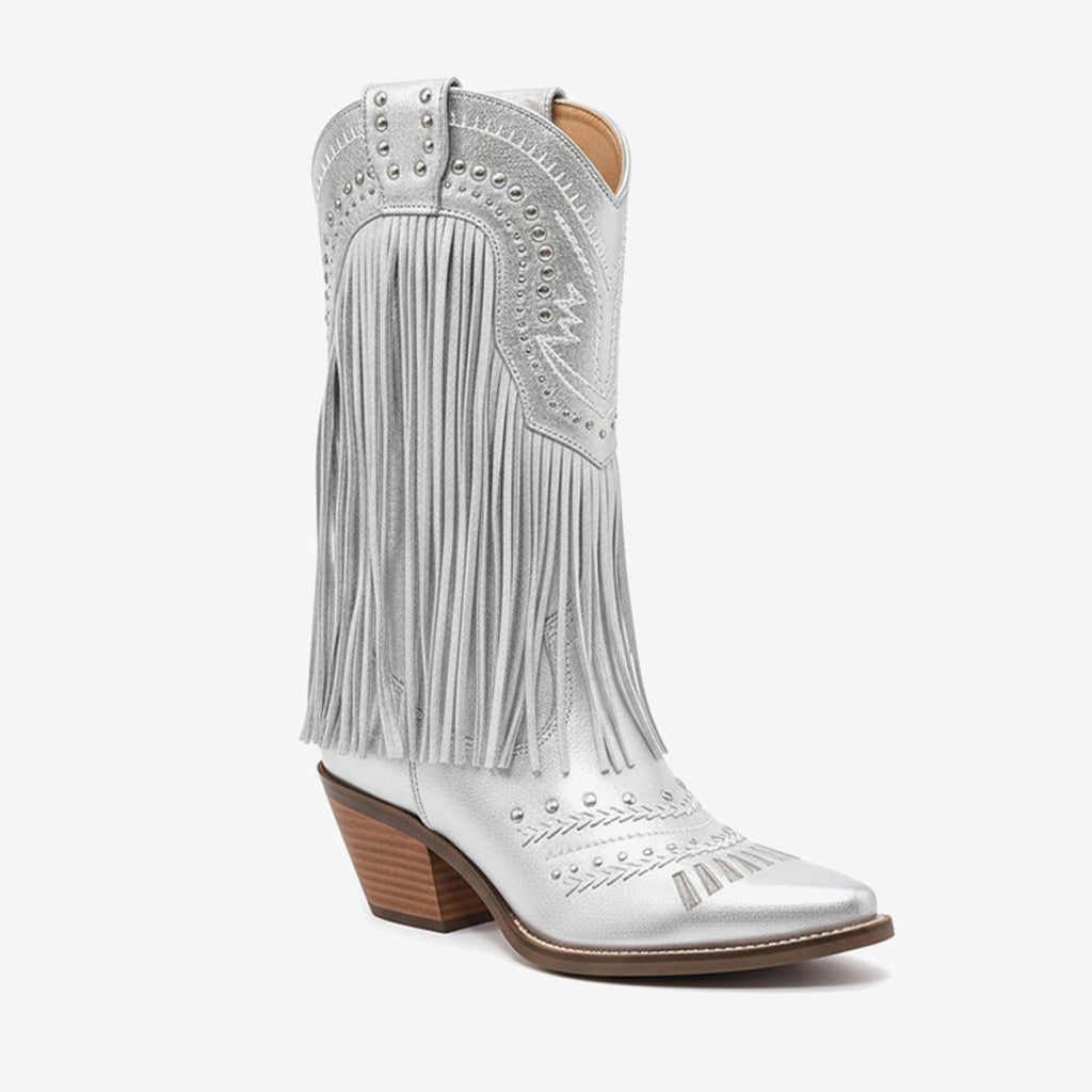 Tuhoomall Western Style Mid Calf Boots with Fringe and Studs - Comfortable Slip-On Design for Parties and Casual Outings Tuhoomall
