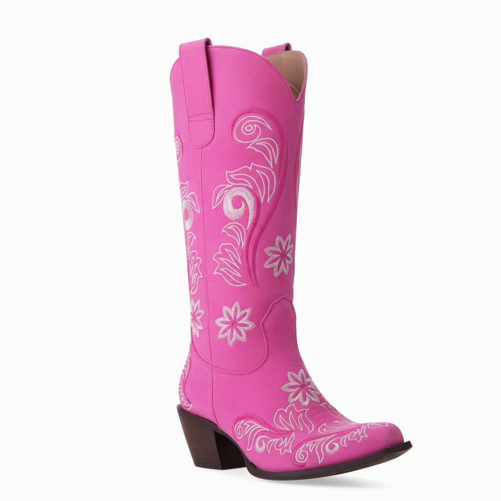 Tuhoomall Western Cowgirl Boots, Chunky Heel, Slip-On, Floral Embroidery, Mid Calf Boot for Fashion, Casual, Outdoor, Parties, All Seasons